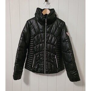 Guess Jacket Womens Medium Black Puffer Quilted Stand Collar Full Zip Pockets